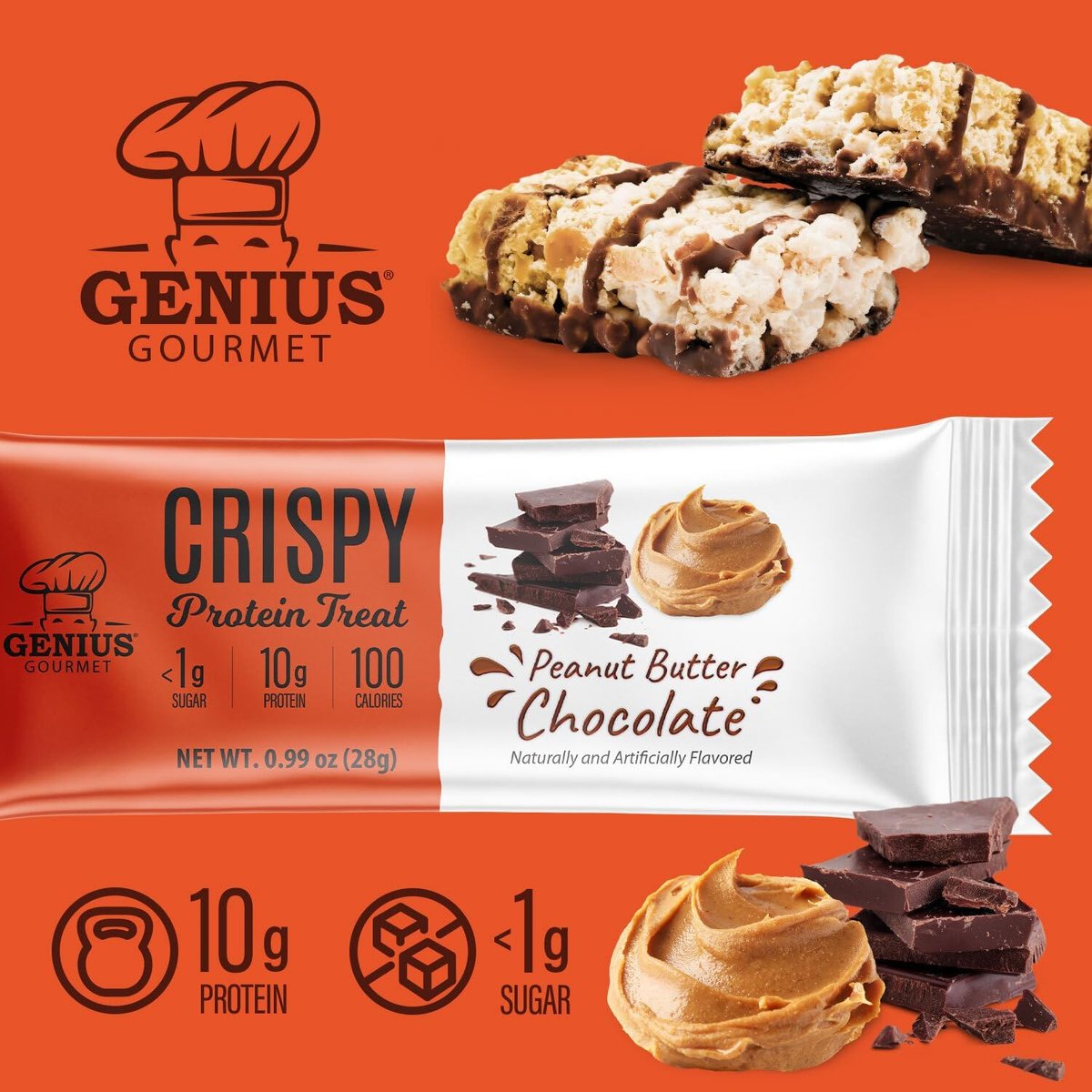Genius Gourmet Crispy Protein Treat, Schokolade Erdnussbutter, Keto Snack, Low Carb, Zuckerarm & Glutenfrei, Protein Snacks für Erwachsene, 10G Whey Protein pro Riegel, 5 Netto-Kohlenhydrate, 10er-Pack