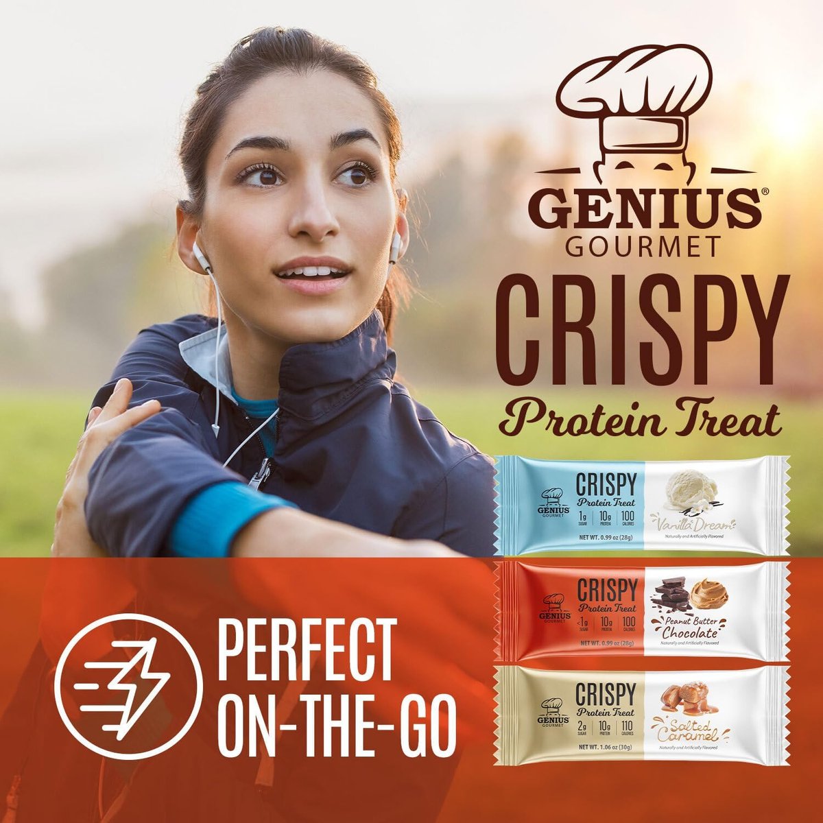 Genius Gourmet Crispy Protein Treat, Schokolade Erdnussbutter, Keto Snack, Low Carb, Zuckerarm & Glutenfrei, Protein Snacks für Erwachsene, 10G Whey Protein pro Riegel, 5 Netto-Kohlenhydrate, 10er-Pack