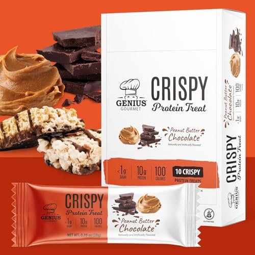 Genius Gourmet Crispy Protein Treat, Schokolade Erdnussbutter, Keto Snack, Low Carb, Zuckerarm & Glutenfrei, Protein Snacks für Erwachsene, 10G Whey Protein pro Riegel, 5 Netto-Kohlenhydrate, 10er-Pack