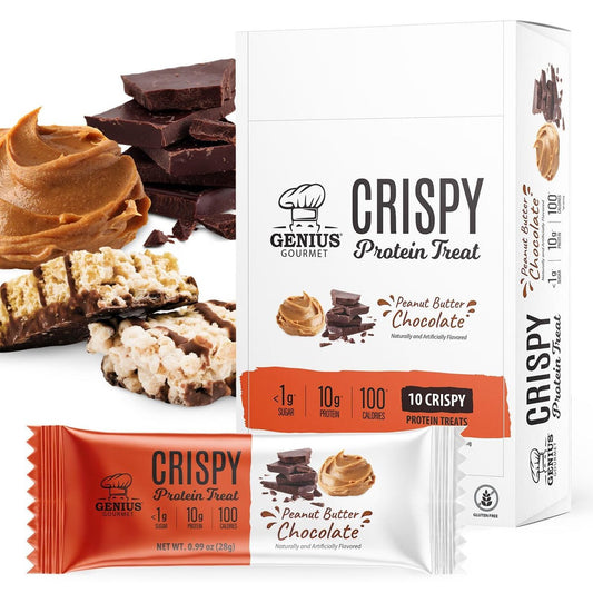 Genius Gourmet Crispy Protein Treat, Schokolade Erdnussbutter, Keto Snack, Low Carb, Zuckerarm & Glutenfrei, Protein Snacks für Erwachsene, 10G Whey Protein pro Riegel, 5 Netto-Kohlenhydrate, 10er-Pack