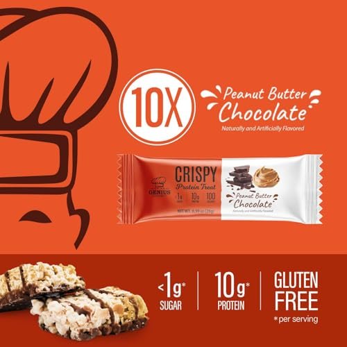Genius Gourmet Crispy Protein Treat, Schokolade Erdnussbutter, Keto Snack, Low Carb, Zuckerarm & Glutenfrei, Protein Snacks für Erwachsene, 10G Whey Protein pro Riegel, 5 Netto-Kohlenhydrate, 10er-Pack