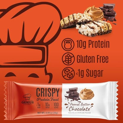 Genius Gourmet Crispy Protein Treat, Schokolade Erdnussbutter, Keto Snack, Low Carb, Zuckerarm & Glutenfrei, Protein Snacks für Erwachsene, 10G Whey Protein pro Riegel, 5 Netto-Kohlenhydrate, 10er-Pack