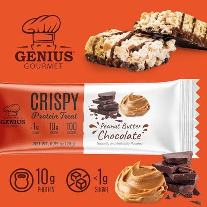 Genius Gourmet Crispy Protein Treat, Schokolade Erdnussbutter, Keto Snack, Low Carb, Zuckerarm & Glutenfrei, Protein Snacks für Erwachsene, 10G Whey Protein pro Riegel, 5 Netto-Kohlenhydrate, 10er-Pack