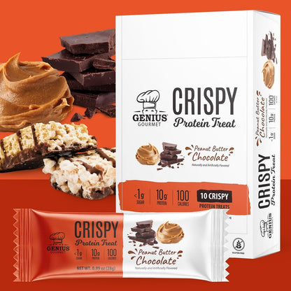 Genius Gourmet Crispy Protein Treat, Schokolade Erdnussbutter, Keto Snack, Low Carb, Zuckerarm & Glutenfrei, Protein Snacks für Erwachsene, 10G Whey Protein pro Riegel, 5 Netto-Kohlenhydrate, 10er-Pack