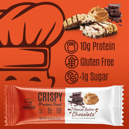 Genius Gourmet Crispy Protein Treat, Schokolade Erdnussbutter, Keto Snack, Low Carb, Zuckerarm & Glutenfrei, Protein Snacks für Erwachsene, 10G Whey Protein pro Riegel, 5 Netto-Kohlenhydrate, 10er-Pack