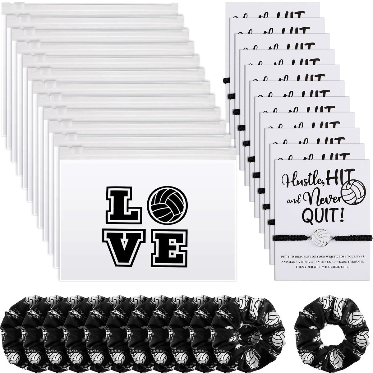 Juexica 36-teiliges Volleyball-Geschenkset: Armbänder, Scrunchies & Taschen für Frauen – Schwarz-Weiß