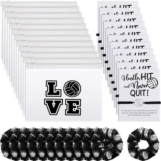 Juexica 36-teiliges Volleyball-Geschenkset: Armbänder, Scrunchies & Taschen für Frauen – Schwarz-Weiß