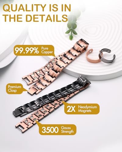 Feraco Herren Kupfer Magnet Armband und Ring Elegant 99,99% Massives Kupfer Armband mit Doppelreihen Starken Magneten, Magnetfeldtherapie Schmuck