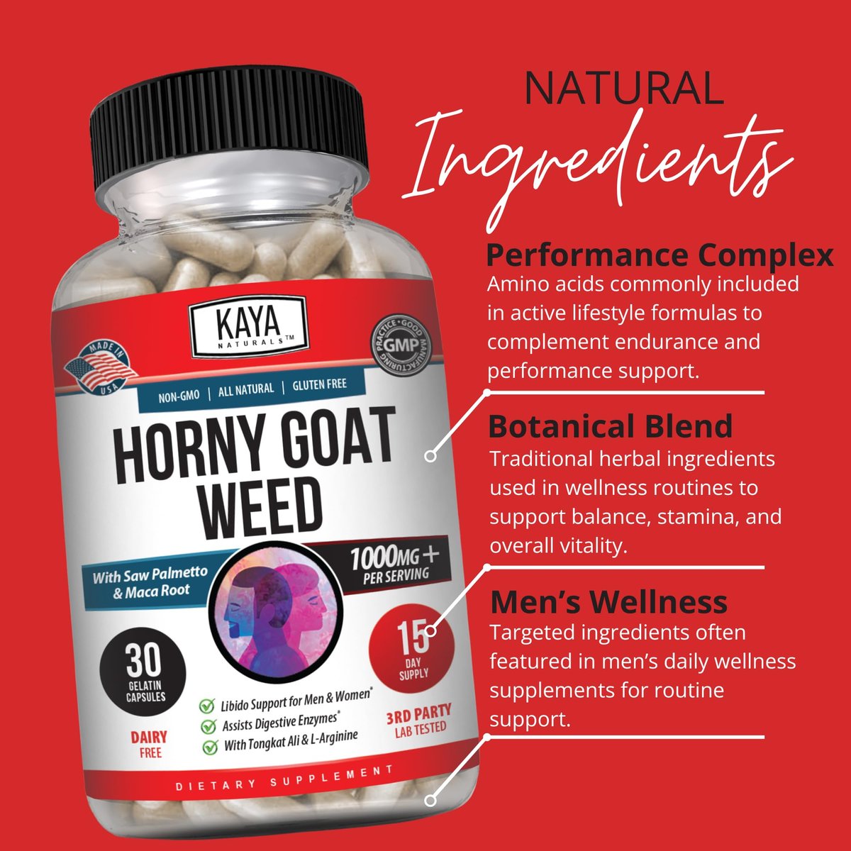 Kaya Naturals Bockshornklee für Männer und Frauen – 1560 mg Komplex mit Maca, Sägepalme, Ginseng, Arginin Vitaminpräparat – 30 Kapseln