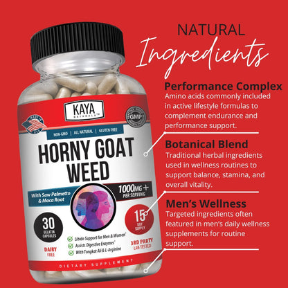 Kaya Naturals Bockshornklee für Männer und Frauen – 1560 mg Komplex mit Maca, Sägepalme, Ginseng, Arginin Vitaminpräparat – 30 Kapseln