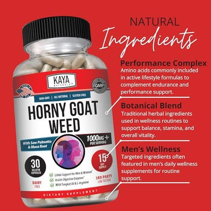 Kaya Naturals Bockshornklee für Männer und Frauen – 1560 mg Komplex mit Maca, Sägepalme, Ginseng, Arginin Vitaminpräparat – 30 Kapseln