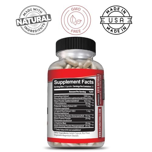 Kaya Naturals Bockshornklee für Männer und Frauen – 1560 mg Komplex mit Maca, Sägepalme, Ginseng, Arginin Vitaminpräparat – 30 Kapseln