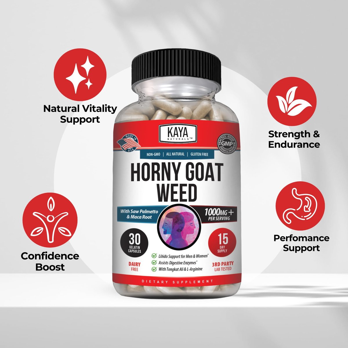 Kaya Naturals Bockshornklee für Männer und Frauen – 1560 mg Komplex mit Maca, Sägepalme, Ginseng, Arginin Vitaminpräparat – 30 Kapseln