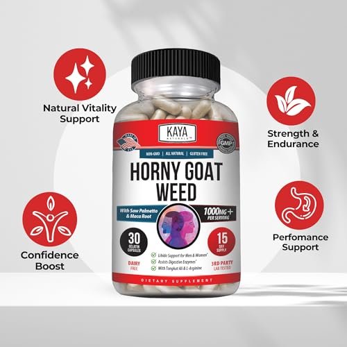 Kaya Naturals Bockshornklee für Männer und Frauen – 1560 mg Komplex mit Maca, Sägepalme, Ginseng, Arginin Vitaminpräparat – 30 Kapseln