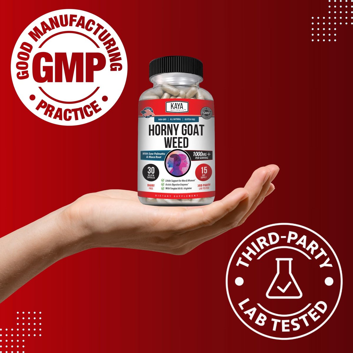 Kaya Naturals Bockshornklee für Männer und Frauen – 1560 mg Komplex mit Maca, Sägepalme, Ginseng, Arginin Vitaminpräparat – 30 Kapseln