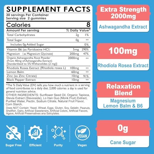 Zuckerfreie Ashwagandha Gummis mit Magnesiumglycinat, Rhodiola Rosea, Zink, Melisse, B6 – Entspannung, natürlicher Schlaf, Ausdauer, Energie für Männer und Frauen – 60 Stück