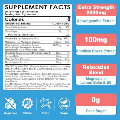 Zuckerfreie Ashwagandha Gummis mit Magnesiumglycinat, Rhodiola Rosea, Zink, Melisse, B6 – Entspannung, natürlicher Schlaf, Ausdauer, Energie für Männer und Frauen – 60 Stück