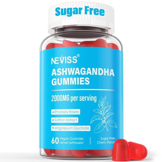 Zuckerfreie Ashwagandha Gummis mit Magnesiumglycinat, Rhodiola Rosea, Zink, Melisse, B6 – Entspannung, natürlicher Schlaf, Ausdauer, Energie für Männer und Frauen – 60 Stück