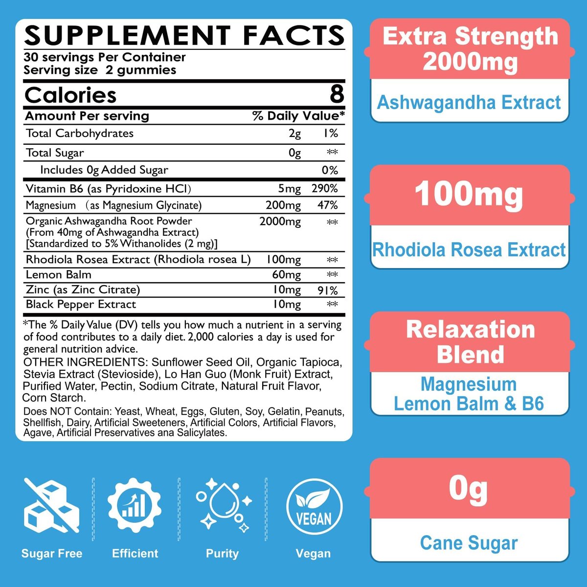 Zuckerfreie Ashwagandha Gummis mit Magnesiumglycinat, Rhodiola Rosea, Zink, Melisse, B6 – Entspannung, natürlicher Schlaf, Ausdauer, Energie für Männer und Frauen – 60 Stück