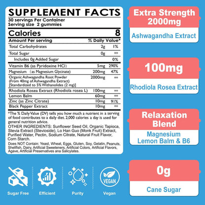 Zuckerfreie Ashwagandha Gummis mit Magnesiumglycinat, Rhodiola Rosea, Zink, Melisse, B6 – Entspannung, natürlicher Schlaf, Ausdauer, Energie für Männer und Frauen – 60 Stück