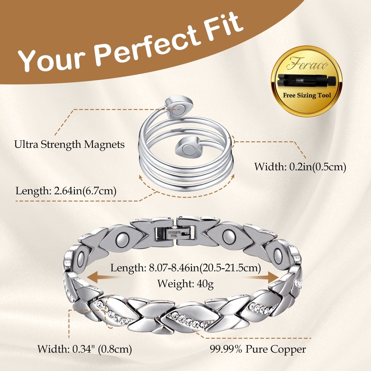 Feraco Kupferarmband für Damen – 99,99% massives Kupfer, magnetisches Armband, einzigartiges X-Design, Magnetfeldtherapie-Schmuck (Silber X mit Ring)