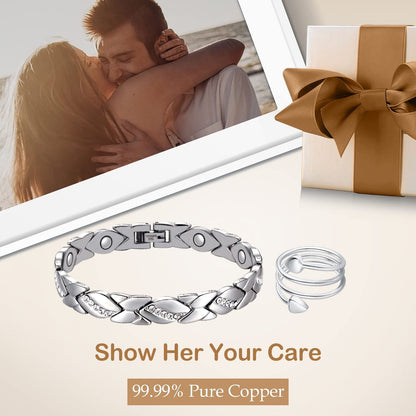 Feraco Kupferarmband für Damen – 99,99% massives Kupfer, magnetisches Armband, einzigartiges X-Design, Magnetfeldtherapie-Schmuck (Silber X mit Ring)
