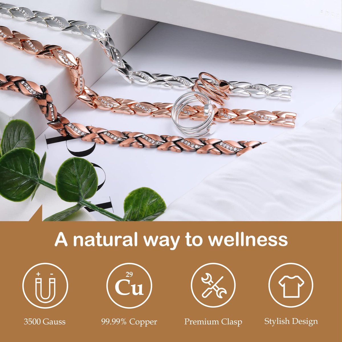 Feraco Kupferarmband für Damen – 99,99% massives Kupfer, magnetisches Armband, einzigartiges X-Design, Magnetfeldtherapie-Schmuck (Silber X mit Ring)
