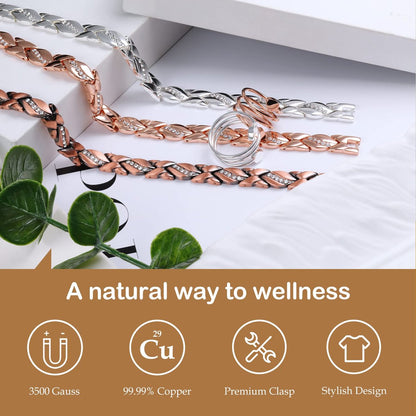 Feraco Kupferarmband für Damen – 99,99% massives Kupfer, magnetisches Armband, einzigartiges X-Design, Magnetfeldtherapie-Schmuck (Silber X mit Ring)