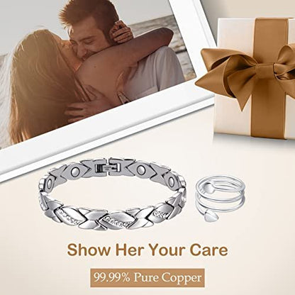 Feraco Kupferarmband für Damen – 99,99% massives Kupfer, magnetisches Armband, einzigartiges X-Design, Magnetfeldtherapie-Schmuck (Silber X mit Ring)