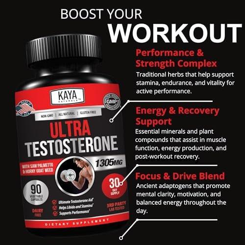 Kaya Naturals Ultra Testosteron Booster für Männer – Mit Tongkat Ali, Bockshornklee & Ziegenkraut – Natürliches Trainings-Supplement für Energie, Ausdauer und Kraft – 90 Kapseln