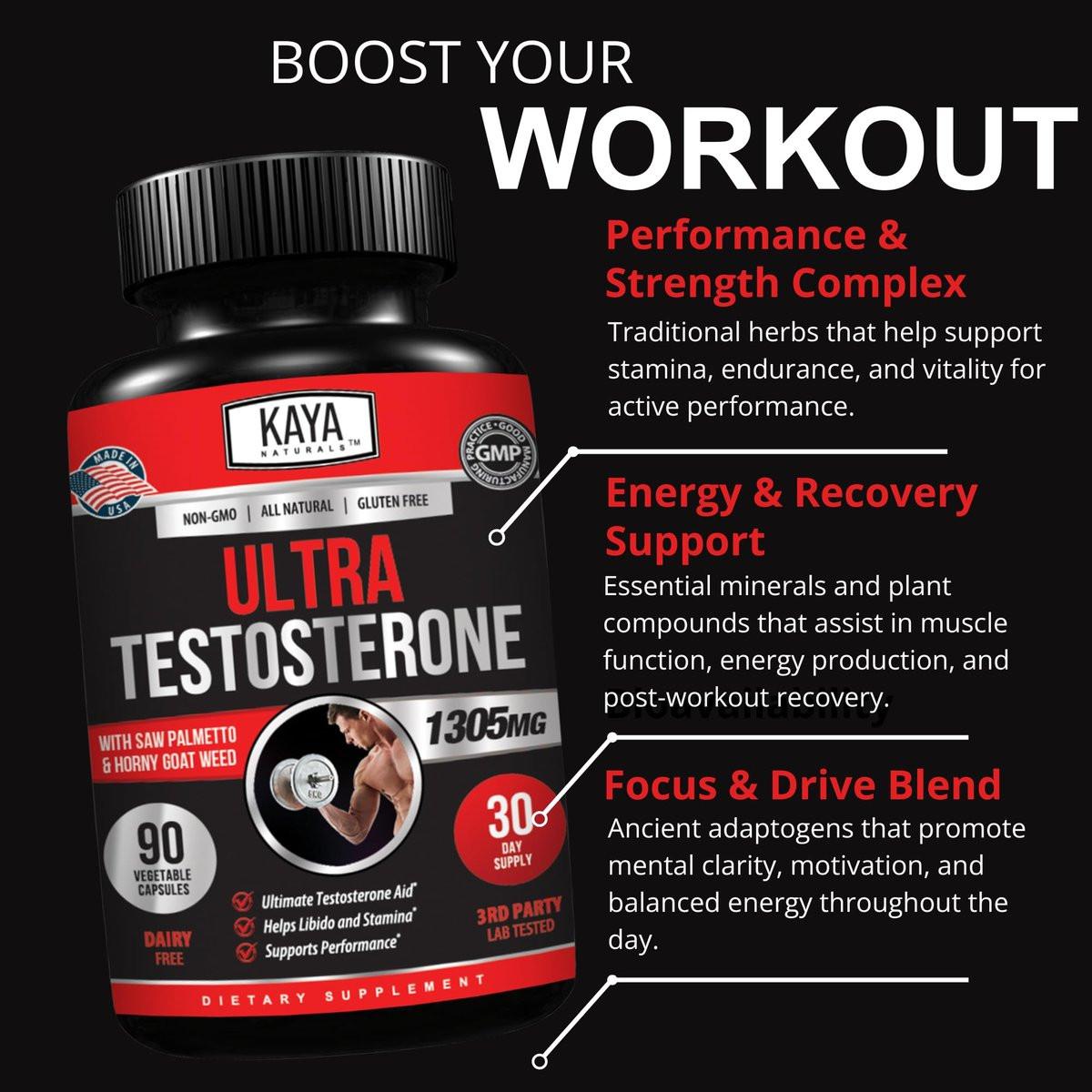 Kaya Naturals Ultra Testosteron Booster für Männer – Mit Tongkat Ali, Bockshornklee & Ziegenkraut – Natürliches Trainings-Supplement für Energie, Ausdauer und Kraft – 90 Kapseln