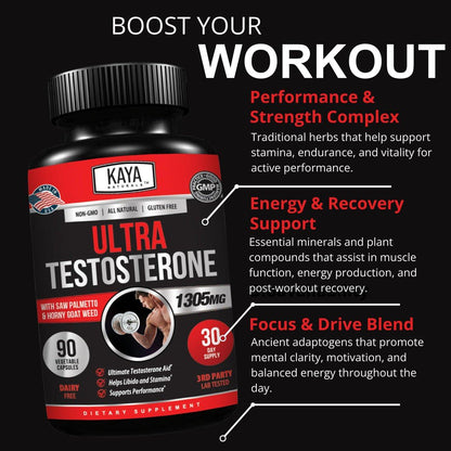 Kaya Naturals Ultra Testosteron Booster für Männer – Mit Tongkat Ali, Bockshornklee & Ziegenkraut – Natürliches Trainings-Supplement für Energie, Ausdauer und Kraft – 90 Kapseln