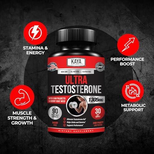 Kaya Naturals Ultra Testosteron Booster für Männer – Mit Tongkat Ali, Bockshornklee & Ziegenkraut – Natürliches Trainings-Supplement für Energie, Ausdauer und Kraft – 90 Kapseln