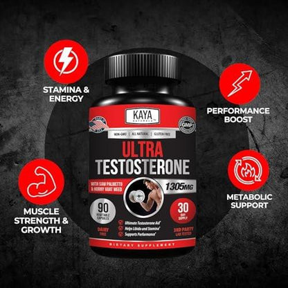 Kaya Naturals Ultra Testosteron Booster für Männer – Mit Tongkat Ali, Bockshornklee & Ziegenkraut – Natürliches Trainings-Supplement für Energie, Ausdauer und Kraft – 90 Kapseln