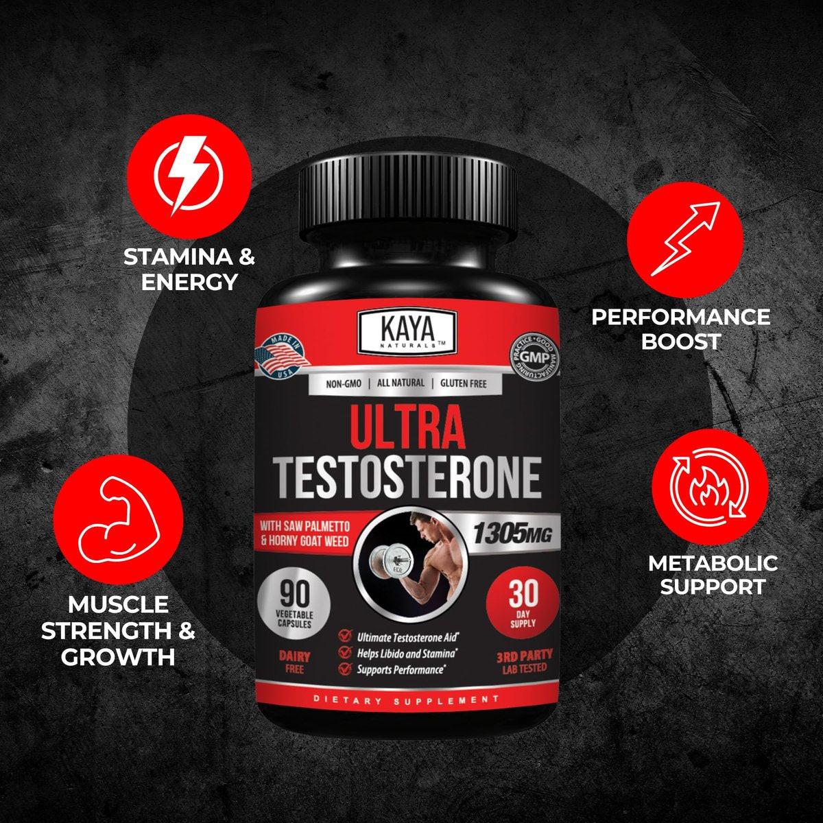 Kaya Naturals Ultra Testosteron Booster für Männer – Mit Tongkat Ali, Bockshornklee & Ziegenkraut – Natürliches Trainings-Supplement für Energie, Ausdauer und Kraft – 90 Kapseln