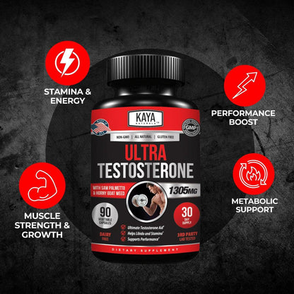Kaya Naturals Ultra Testosteron Booster für Männer – Mit Tongkat Ali, Bockshornklee & Ziegenkraut – Natürliches Trainings-Supplement für Energie, Ausdauer und Kraft – 90 Kapseln