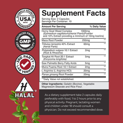 Horny Goat Weed für Männer – Testosteron-Booster mit Tongkat Ali, Sägepalme, Panax Ginseng & Schwarzer Maca-Wurzel – 1000 mg pro Portion – 20 Kapseln