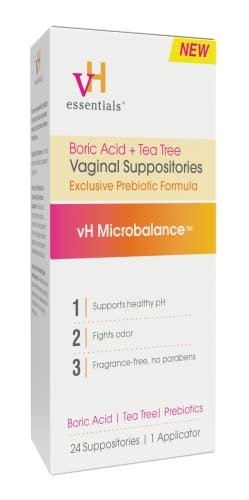vH Essentials Borsäure- und Teebaum-Vaginalzäpfchen - Präbiotika-Formel mit Milchsäure - pH-Gleichgewicht, Geruchskontrolle, Intimpflege - 24 Zäpfchen mit Applikator, Weiß, 68 g