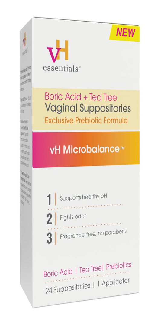 vH Essentials Borsäure- und Teebaum-Vaginalzäpfchen - Präbiotika-Formel mit Milchsäure - pH-Gleichgewicht, Geruchskontrolle, Intimpflege - 24 Zäpfchen mit Applikator, Weiß, 68 g