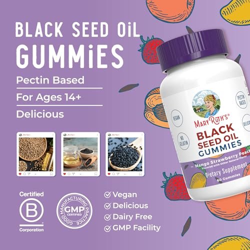 MaryRuth Organics Schwarzkümmelöl Gummis | Nahrungsergänzung mit Schwarzkümmelsamenöl | Traditionell für Immununterstützung & Herz-Kreislauf-Gesundheit | Vegan | Ohne Gelatine | Pektinbasiert | 60 Gummis