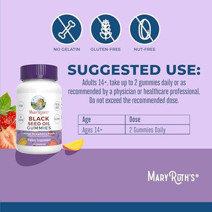 MaryRuth Organics Schwarzkümmelöl Gummis | Nahrungsergänzung mit Schwarzkümmelsamenöl | Traditionell für Immununterstützung & Herz-Kreislauf-Gesundheit | Vegan | Ohne Gelatine | Pektinbasiert | 60 Gummis
