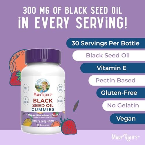 MaryRuth Organics Schwarzkümmelöl Gummis | Nahrungsergänzung mit Schwarzkümmelsamenöl | Traditionell für Immununterstützung & Herz-Kreislauf-Gesundheit | Vegan | Ohne Gelatine | Pektinbasiert | 60 Gummis