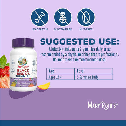 MaryRuth Organics Schwarzkümmelöl Gummis | Nahrungsergänzung mit Schwarzkümmelsamenöl | Traditionell für Immununterstützung & Herz-Kreislauf-Gesundheit | Vegan | Ohne Gelatine | Pektinbasiert | 60 Gummis