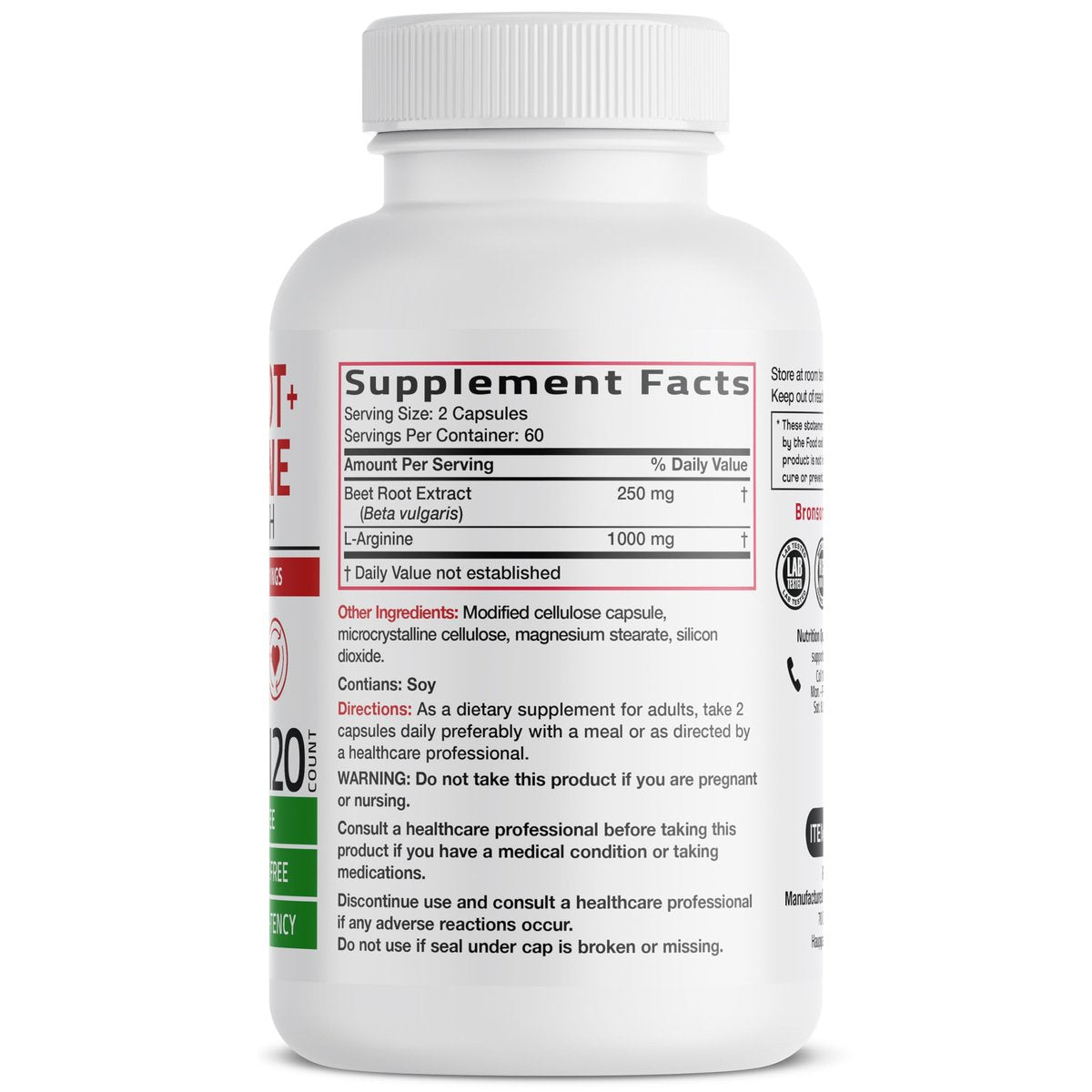 Bronson Rote Bete + L-Arginin Kapseln - Nitric Oxide Booster, Nicht-GVO, 120 vegane Kapseln