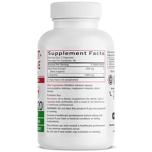 Bronson Rote Bete + L-Arginin Kapseln - Nitric Oxide Booster, Nicht-GVO, 120 vegane Kapseln