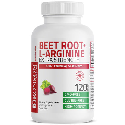 Bronson Rote Bete + L-Arginin Kapseln - Nitric Oxide Booster, Nicht-GVO, 120 vegane Kapseln