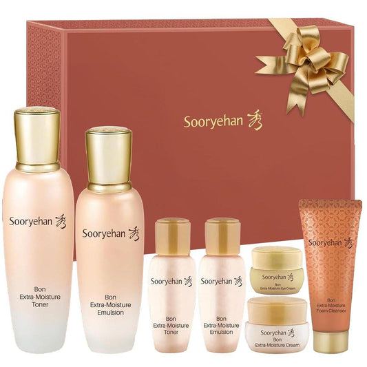 Sooryehan Bon Extra Moisture Korean Skin Care Geschenkset (13,01 Fl Oz) – Luxuriöse Premium-High-End-Pflege von LG Beauty. Feuchtigkeitsspendender Toner, Emulsion Lotion, Reinigungsschaum, Augencreme.