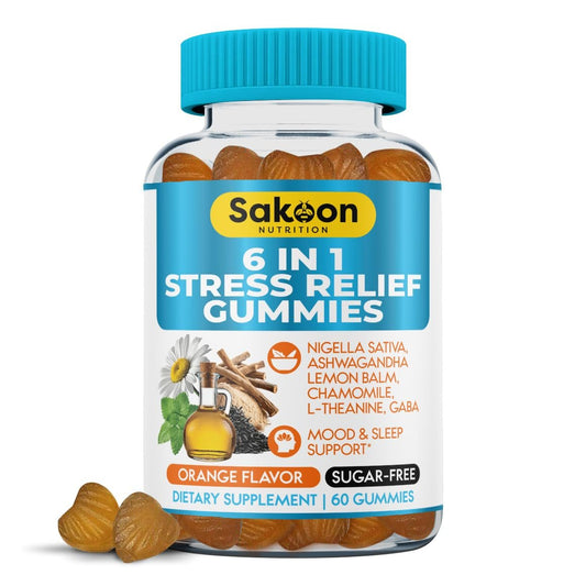 Sakoon Nutrition 6-in-1 Stress Relief Gummies 60 Stück – Entspannung mit Ashwagandha, GABA, L-Theanin, Melisse, Kamille, Schwarzkümmel – Tiefschlaf & Gelenkunterstützung
