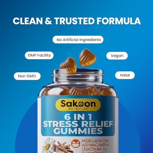 Sakoon Nutrition 6-in-1 Stress Relief Gummies 60 Stück – Entspannung mit Ashwagandha, GABA, L-Theanin, Melisse, Kamille, Schwarzkümmel – Tiefschlaf & Gelenkunterstützung