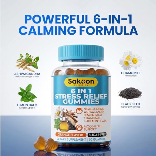 Sakoon Nutrition 6-in-1 Stress Relief Gummies 60 Stück – Entspannung mit Ashwagandha, GABA, L-Theanin, Melisse, Kamille, Schwarzkümmel – Tiefschlaf & Gelenkunterstützung